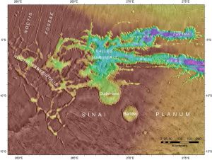 An infrared image of the Sinai Planum with the Barlow crater on Mars