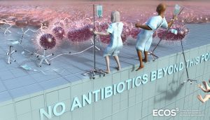 Graphic showing patients on an antibiotic cliff being attacked by bacteria.