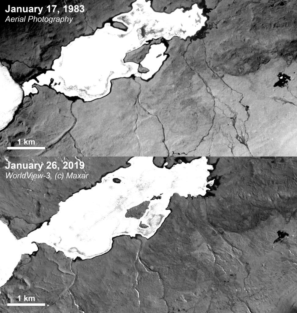 Two satellite images of a snow-covered valley in Antarctica taken 36 years apart