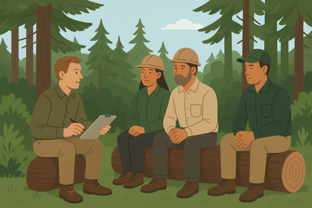 AI-generated image of a man interviewing people wearing outdoor gear in a forest