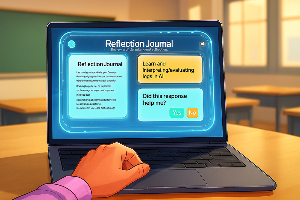 AI-produced image of a computer screen that says "Reflection Journal" on it with a hand on the keyboard.