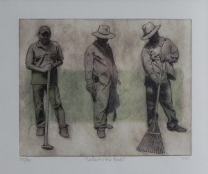 Picture of a print at the NAU exhibition Print. People. Power. Drawing of three men standing and one of them is holding a broom.