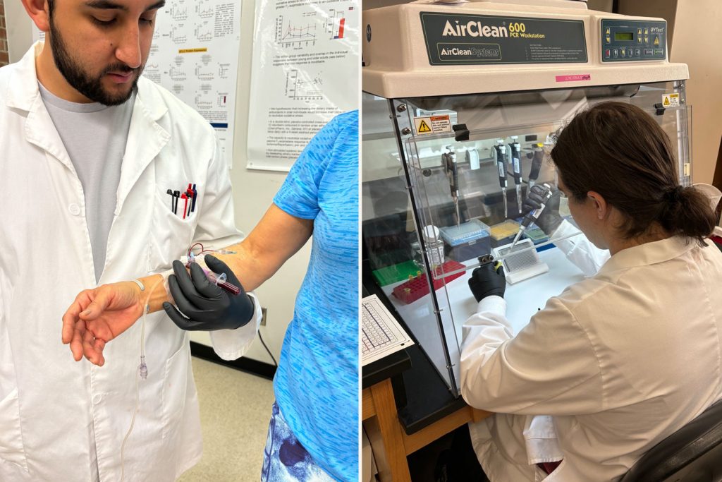 Student researchers drawing blood from a patient's arm and looking at blood glucose in a lab microscope