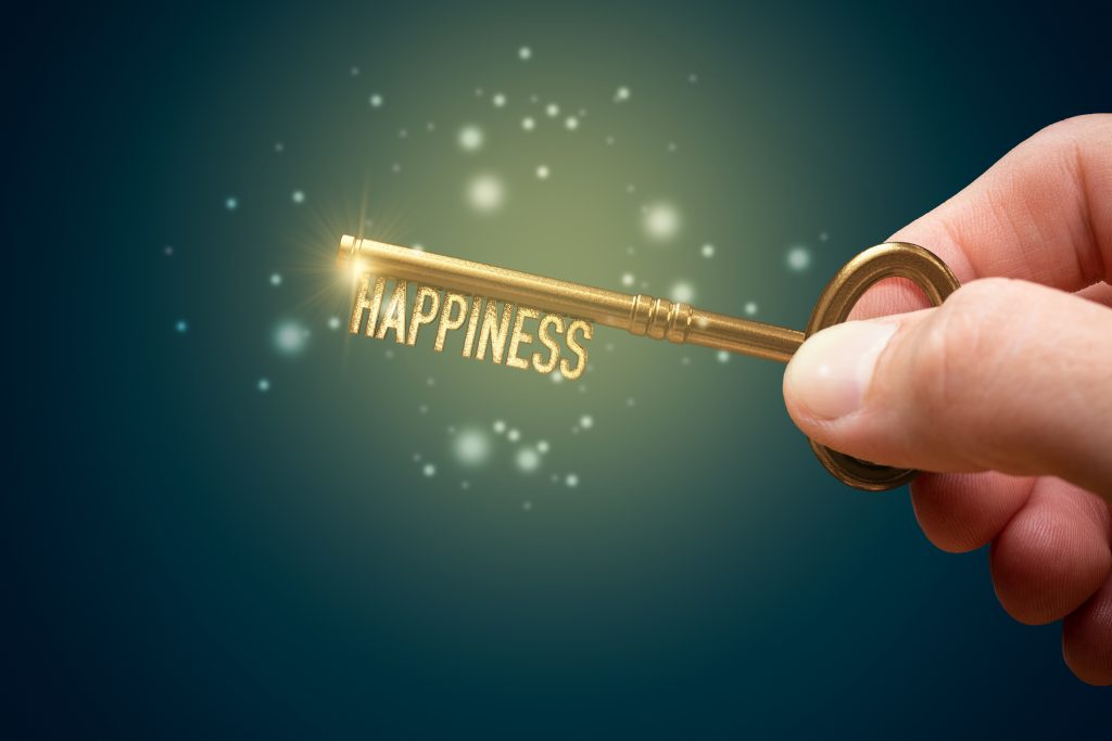 Illustration of a hand holding a key that reads 'Happiness'