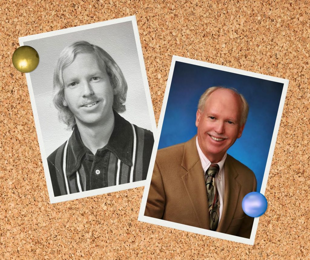 Two photos of William Alger as a twentysomething and as an older professional pinned on a corkboard
