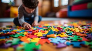 Child putting puzzle pieces together on a wooden floor