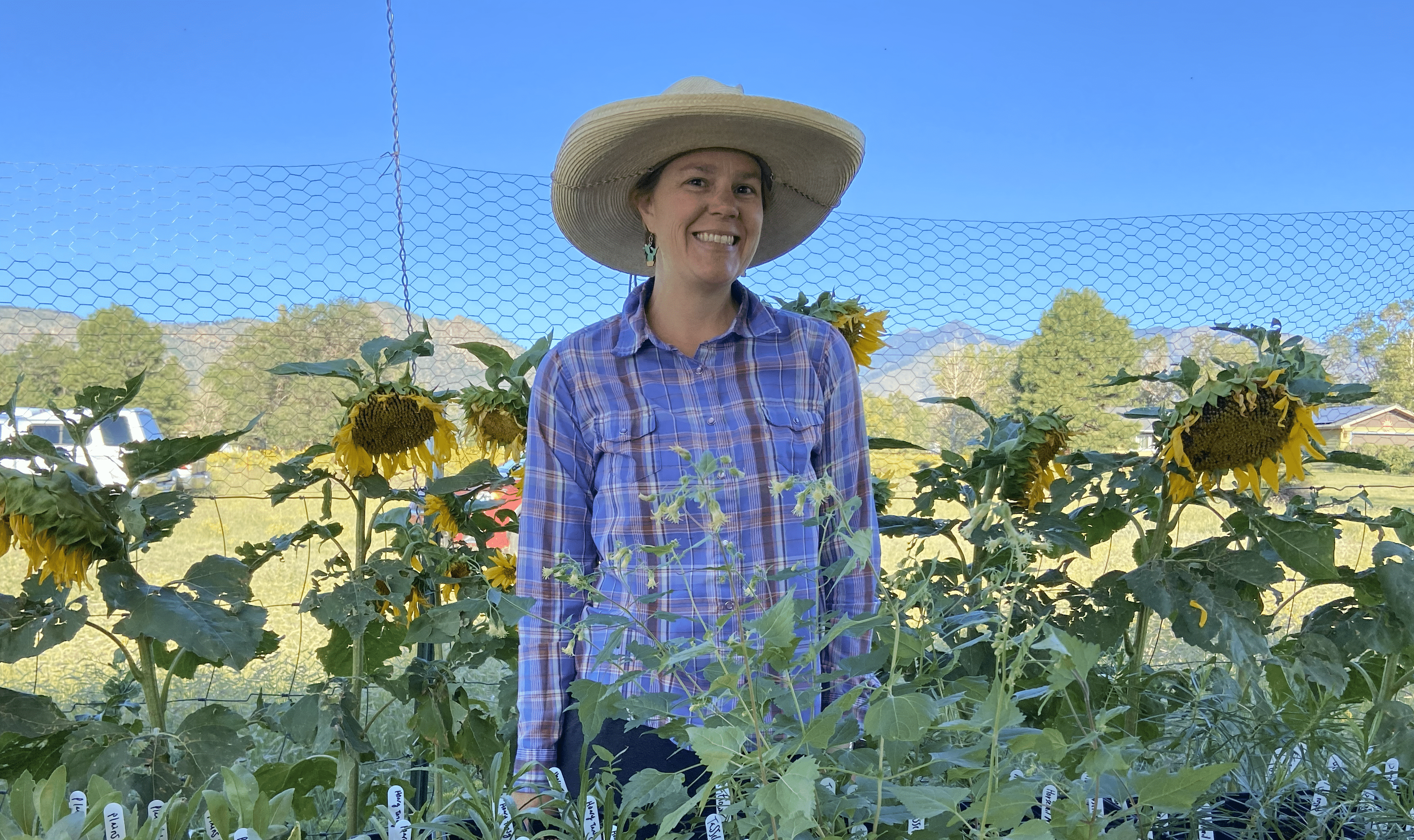 Gayle Gratop standing on her farm with sunflowers behind her