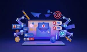 Illustration showing a computer with social media icons to illustrate AI's use in social media