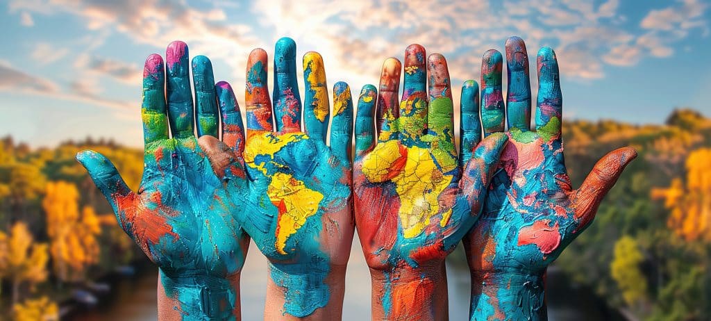 Illustration of four hands with the map of the world painted on them
