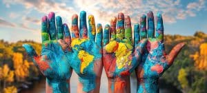 Illustration of four hands with the map of the world painted on them