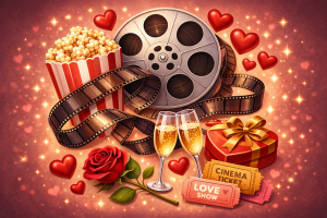 Graphic with film reel, champagne glasses, rose, popcorn and hearts