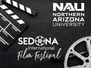 Graphic with movie reel Northern Arizona University logo and Sedona International Film Festival logo