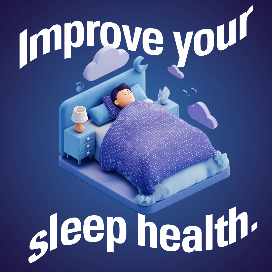 A cartoon image of a man sleeping in a purple bed with the words "Improve your sleep health" above and below him.