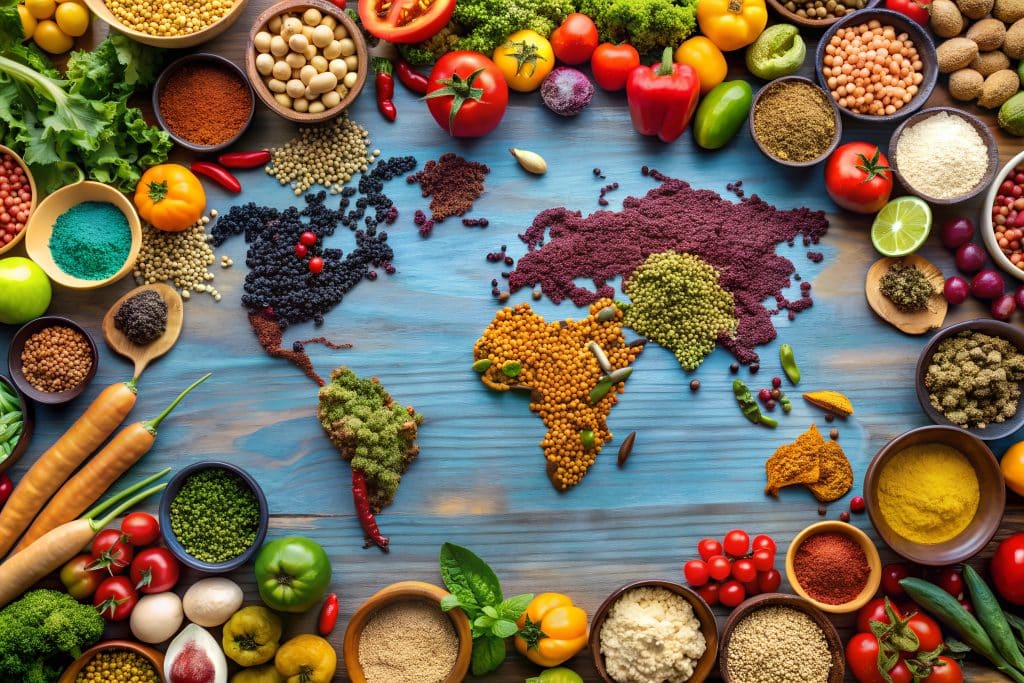 Map of the world made with spices surrounded by fruits and vegetables from different countries.