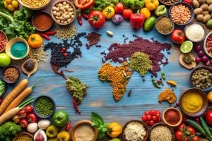 Map of the world made with spices surrounded by fruits and vegetables from different countries.