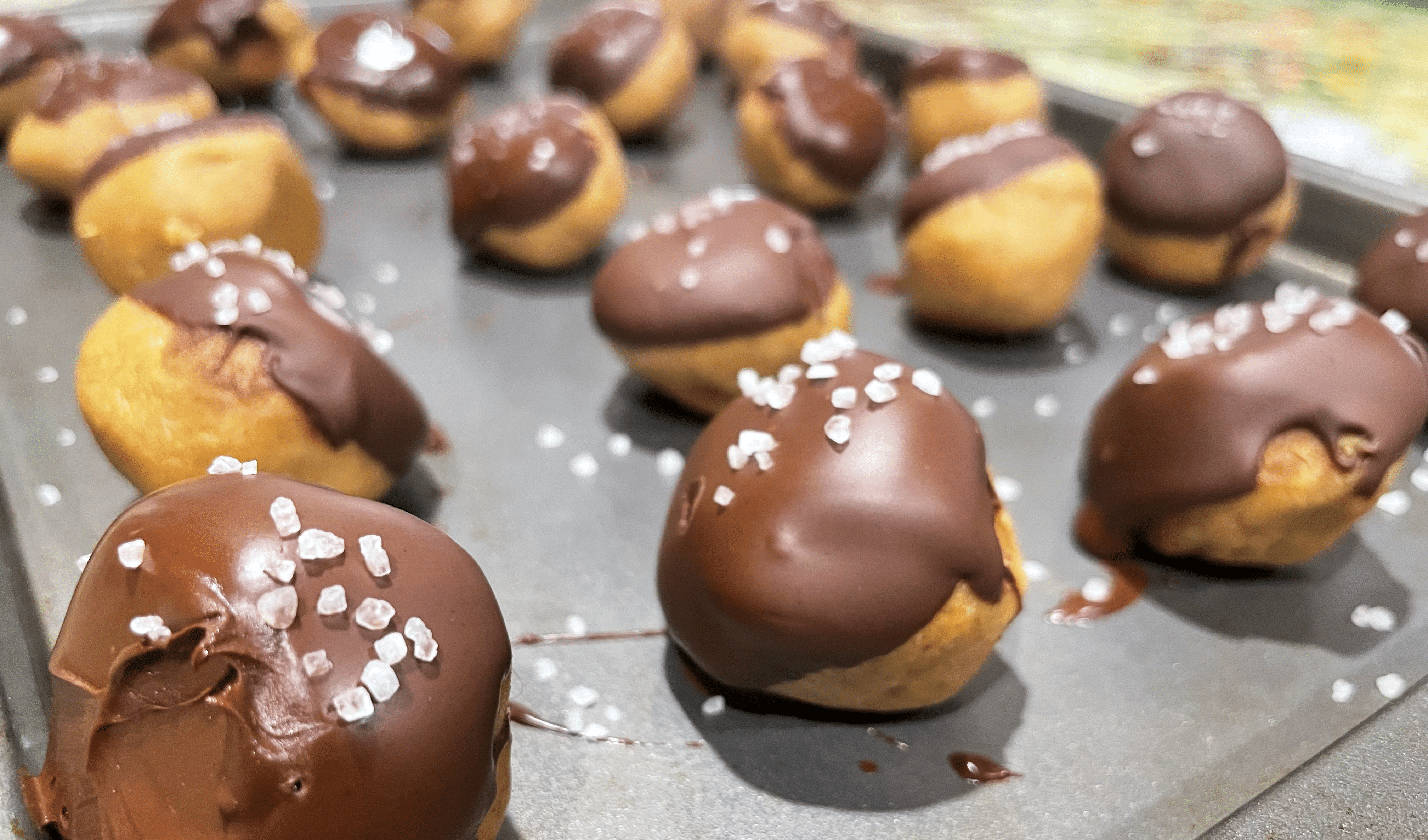 Close up on peanut butter balls on pan