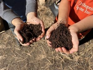 Two pairs of hands holding soil with worms inside of it