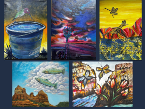 Collage of five paintings of the Our Water: Innovations and Collaborations in Arizona exhibit at NAU