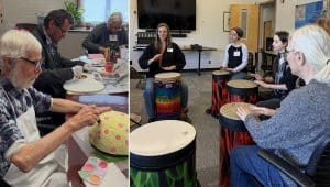 Older adults doing crafts at a table and playing drums in a circle