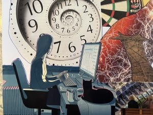 Collage created at the Story Lab. It shows a clock in a spiral, a silhouette sitting on a chair typing on a typewriter and a black cat.